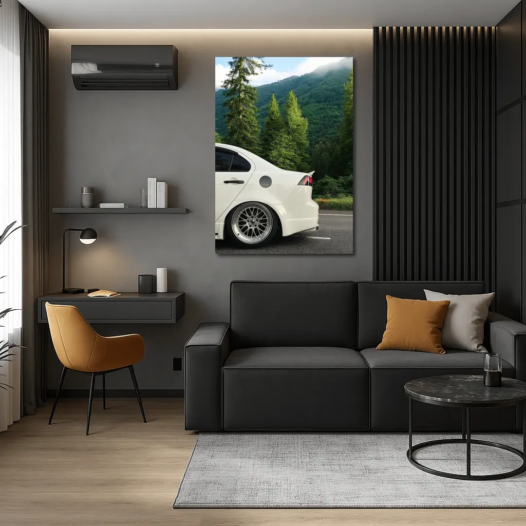 Mitsubishi Lancer White Car Mountain Forest – Wall Art
