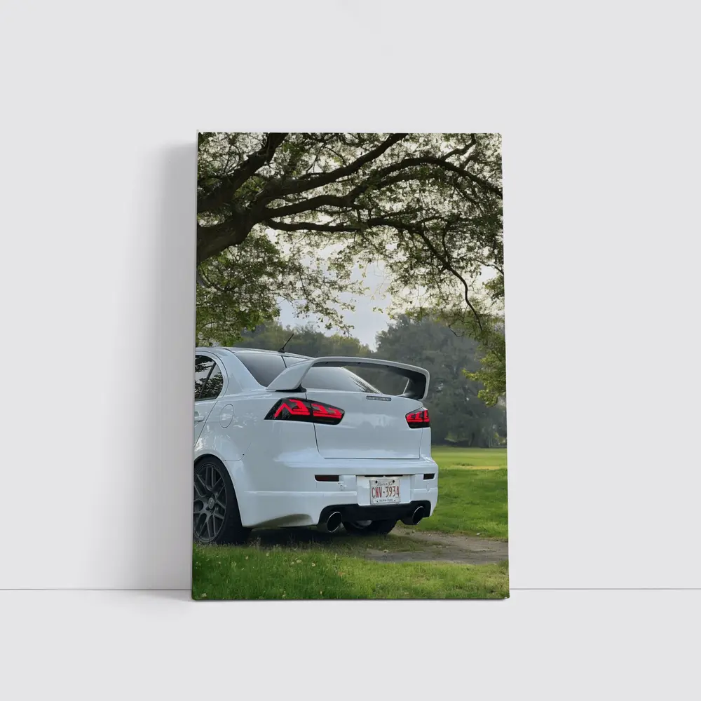 Mitsubishi Lancer White Parked Under Green Trees – Wall Art