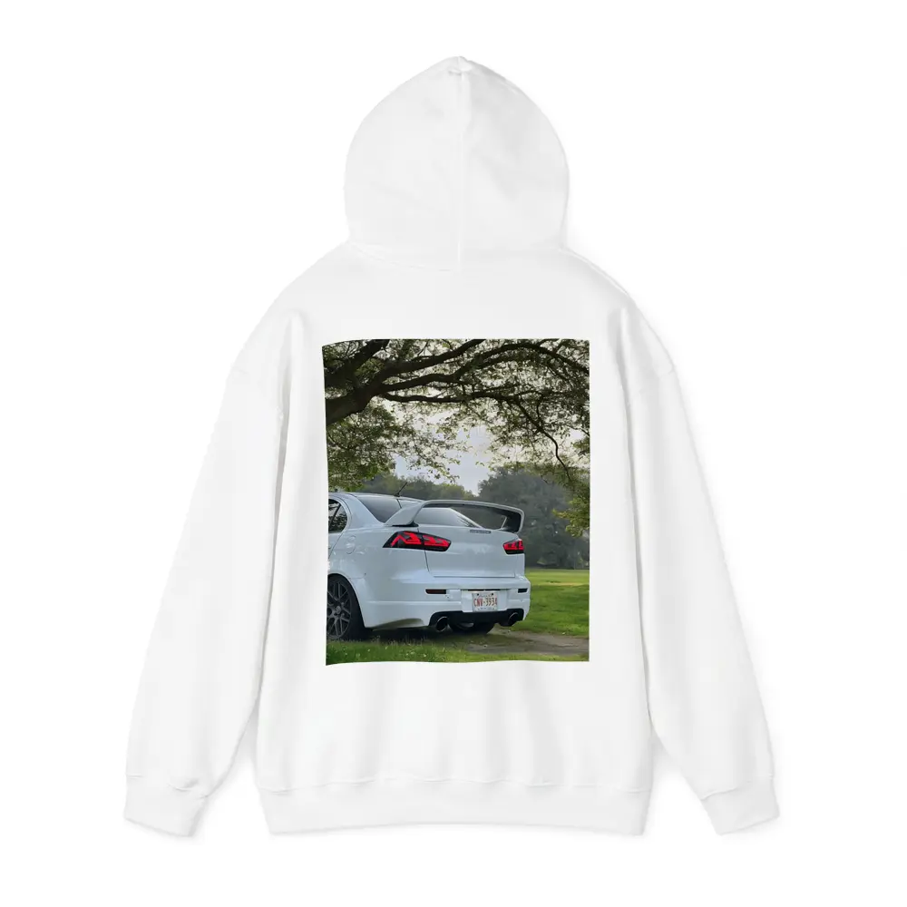 Mitsubishi Lancer White Parked Under Green Trees – Hoodies