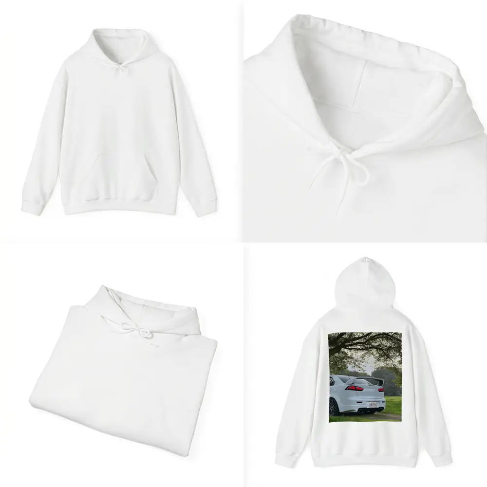 Mitsubishi Lancer White Parked Under Green Trees – Hoodies