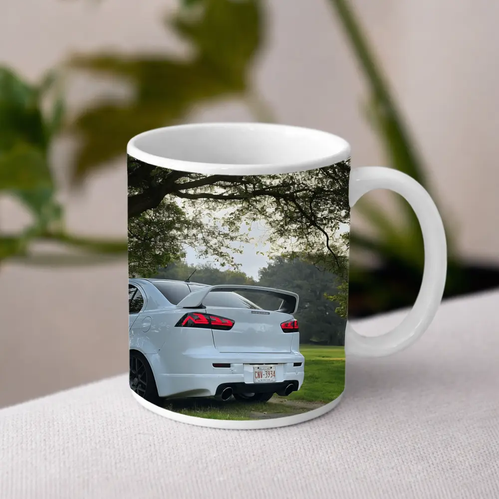 Mitsubishi Lancer White Parked Under Green Trees – Mugs