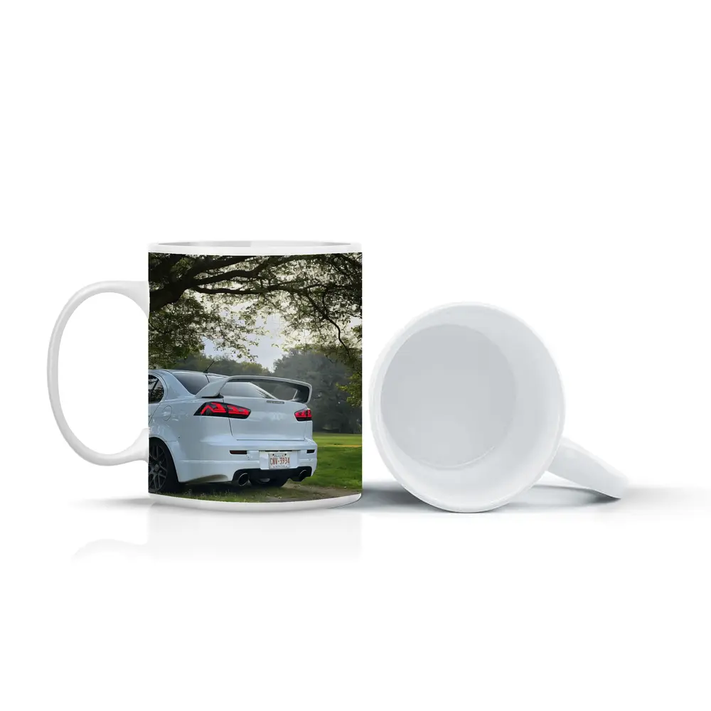 Mitsubishi Lancer White Parked Under Green Trees – Mugs