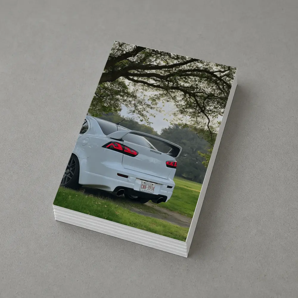 Mitsubishi Lancer White Parked Under Green Trees – Postcards