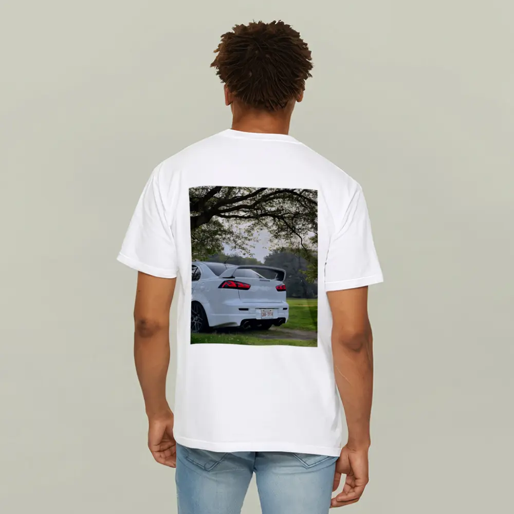 Mitsubishi Lancer White Parked Under Green Trees – T-Shirts