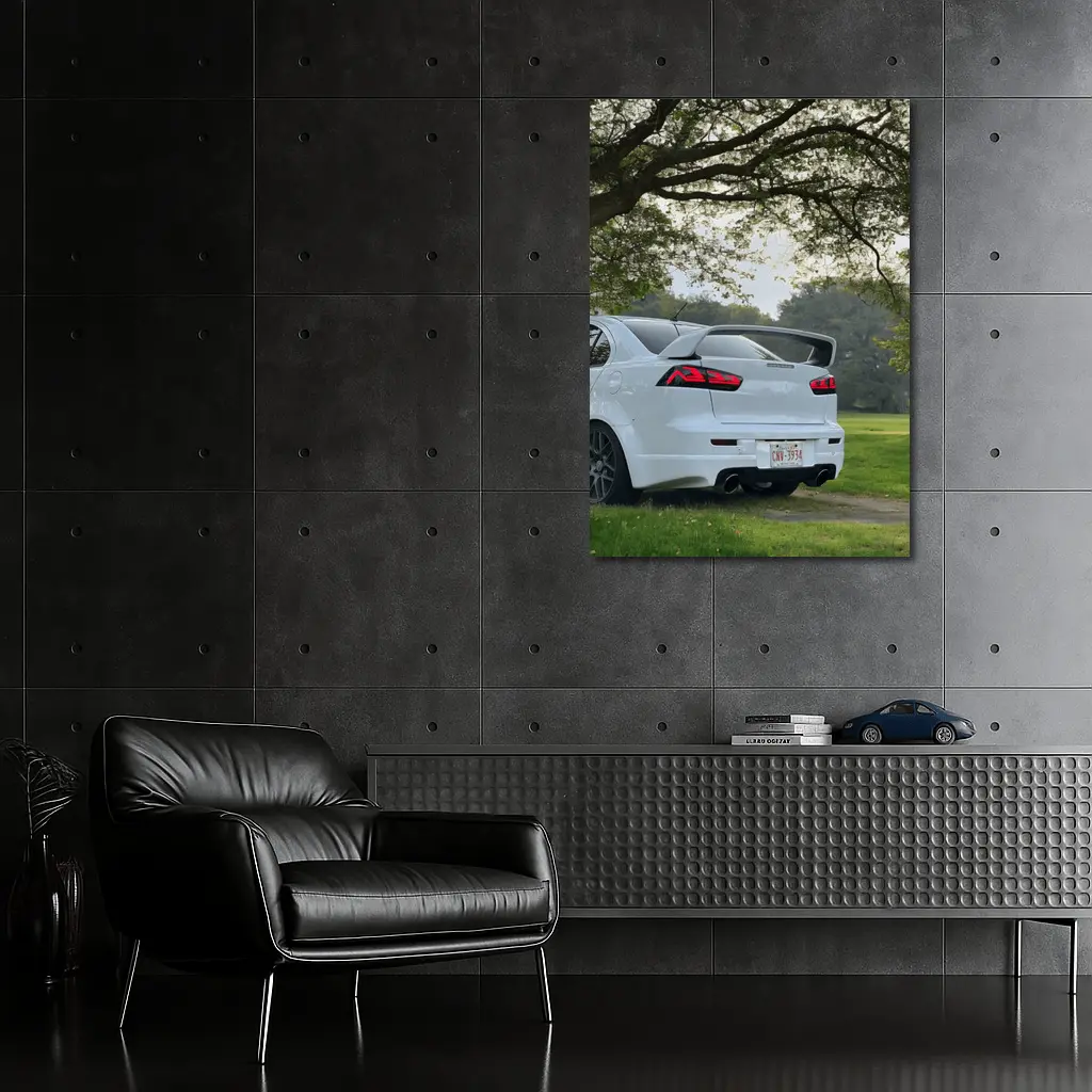 Mitsubishi Lancer White Parked Under Green Trees – Wall Art