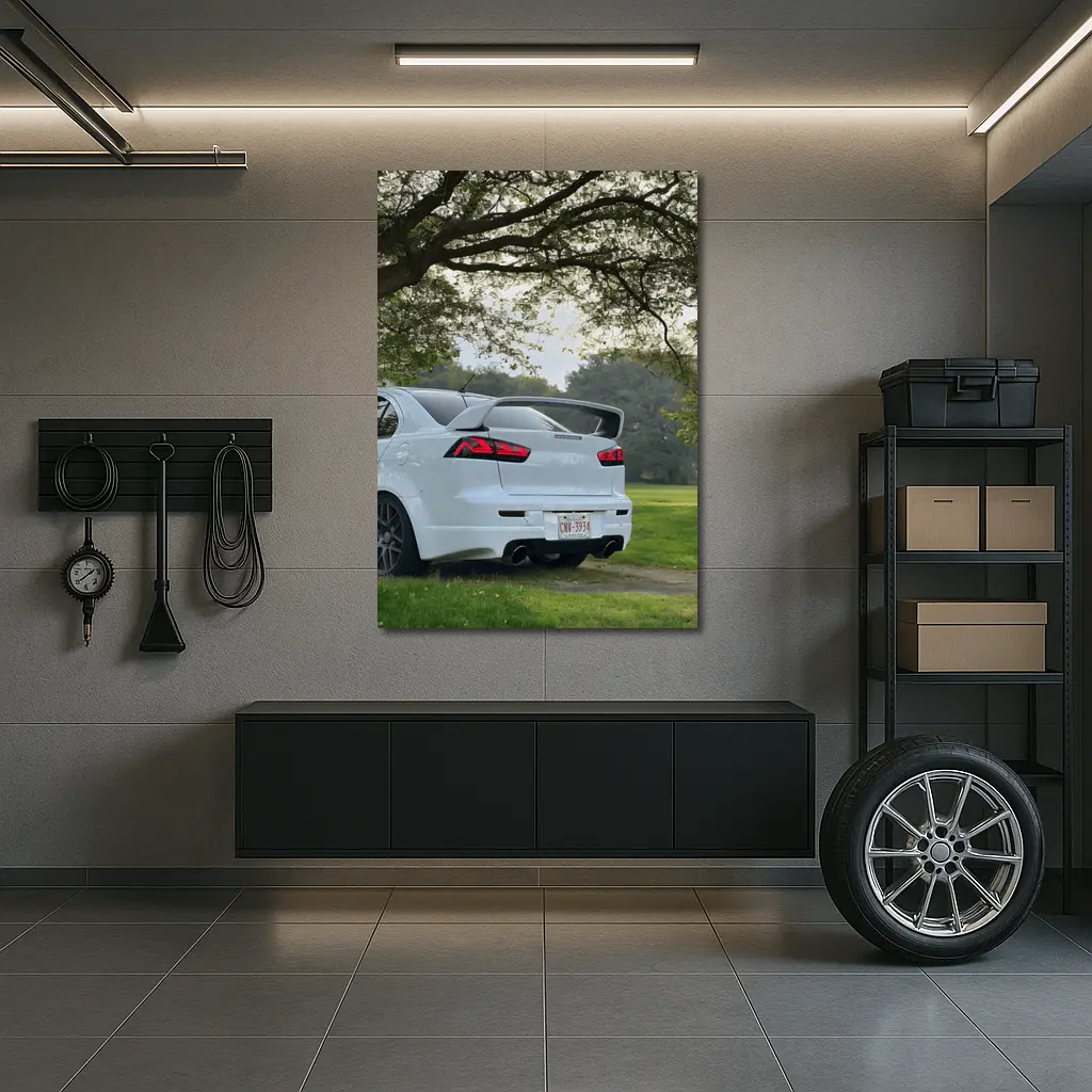 Mitsubishi Lancer White Parked Under Green Trees – Wall Art