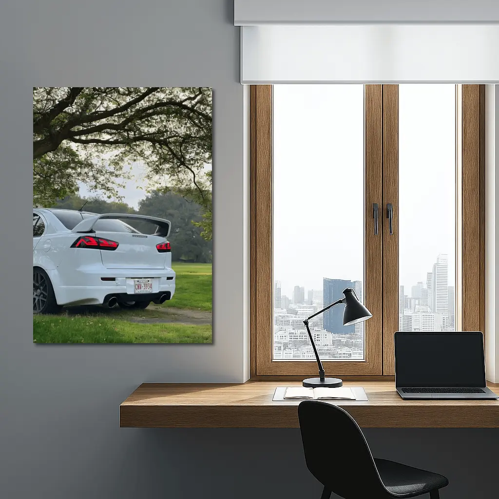 Mitsubishi Lancer White Parked Under Green Trees – Wall Art