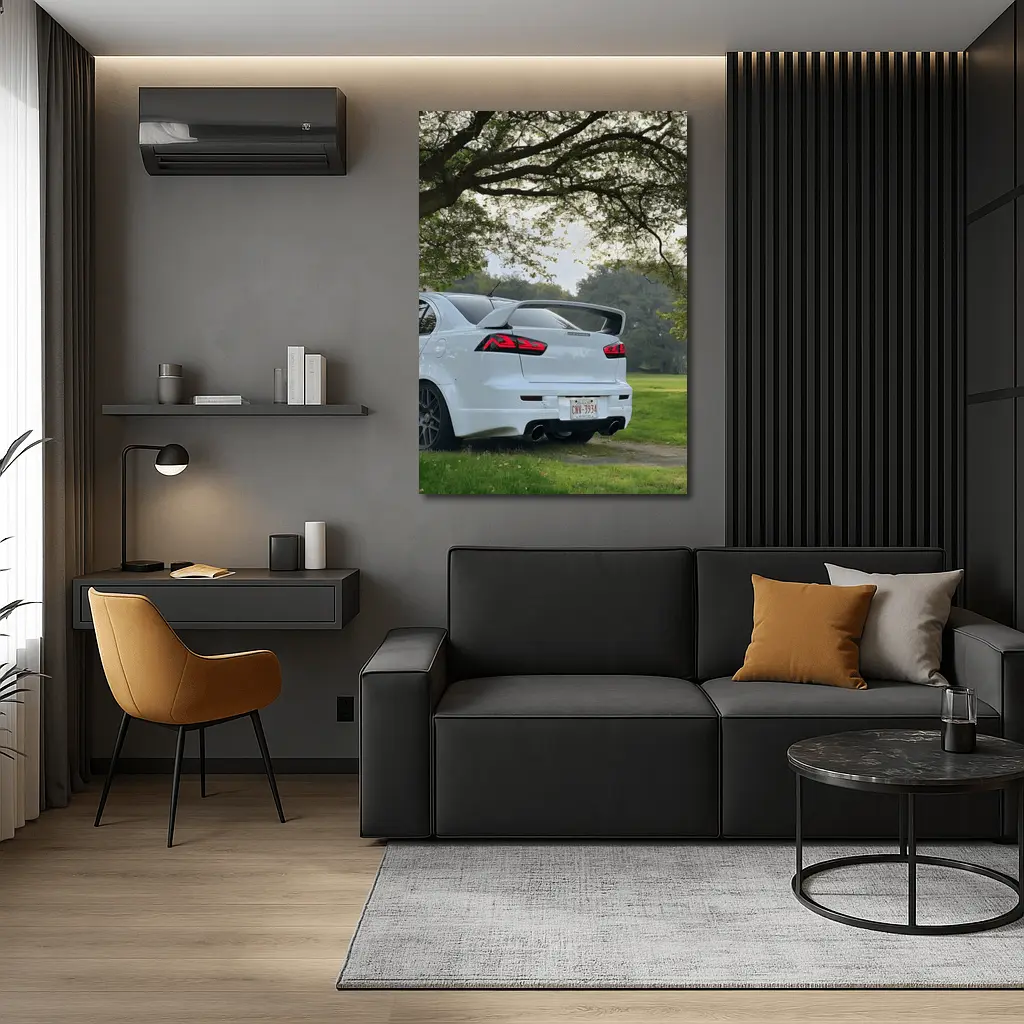 Mitsubishi Lancer White Parked Under Green Trees – Wall Art