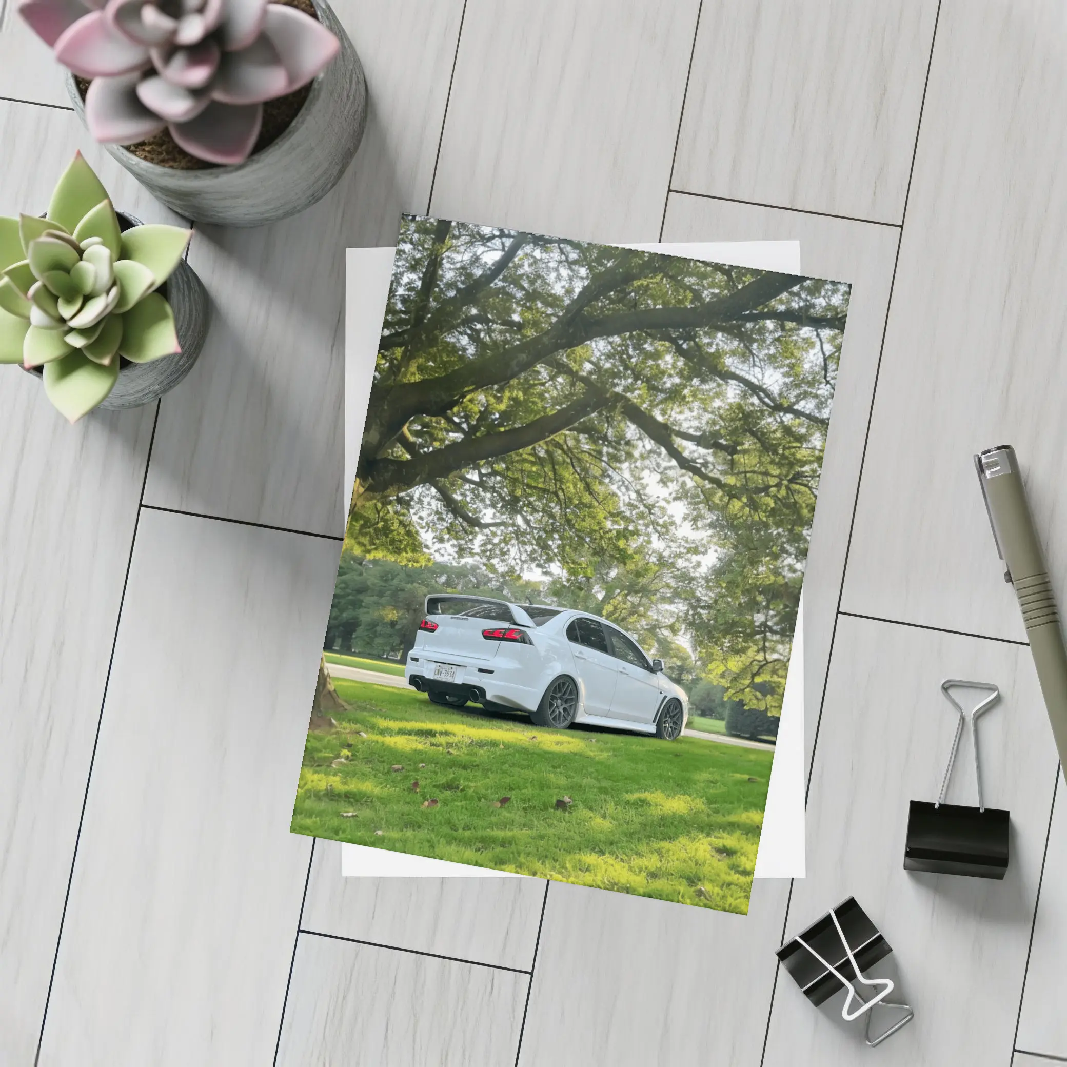 Mitsubishi Lancer Evolution White Park Setting – Postcards