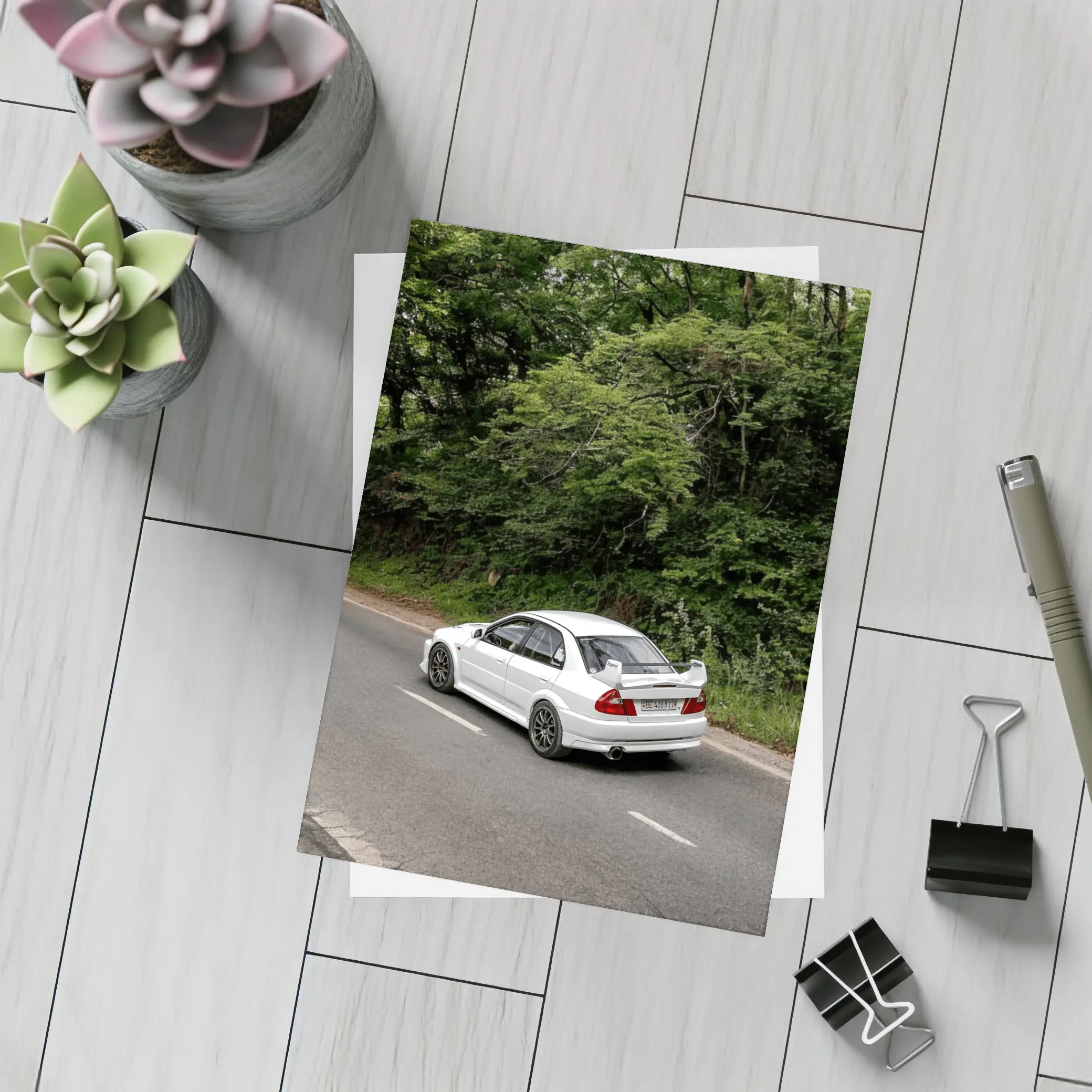 Mitsubishi Lancer Evolution White Road Drive – Postcards