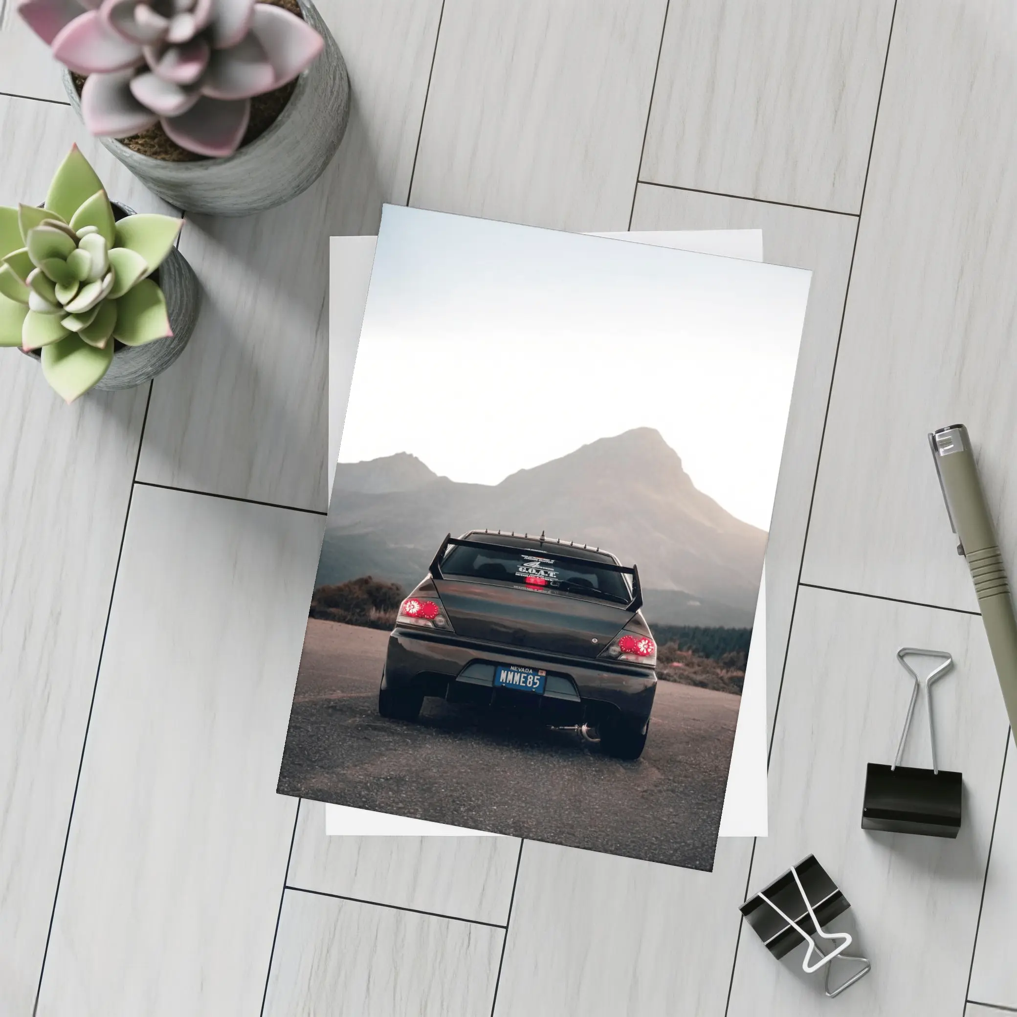 Mitsubishi Lancer Evo Mountains Sunset Rear – Postcards