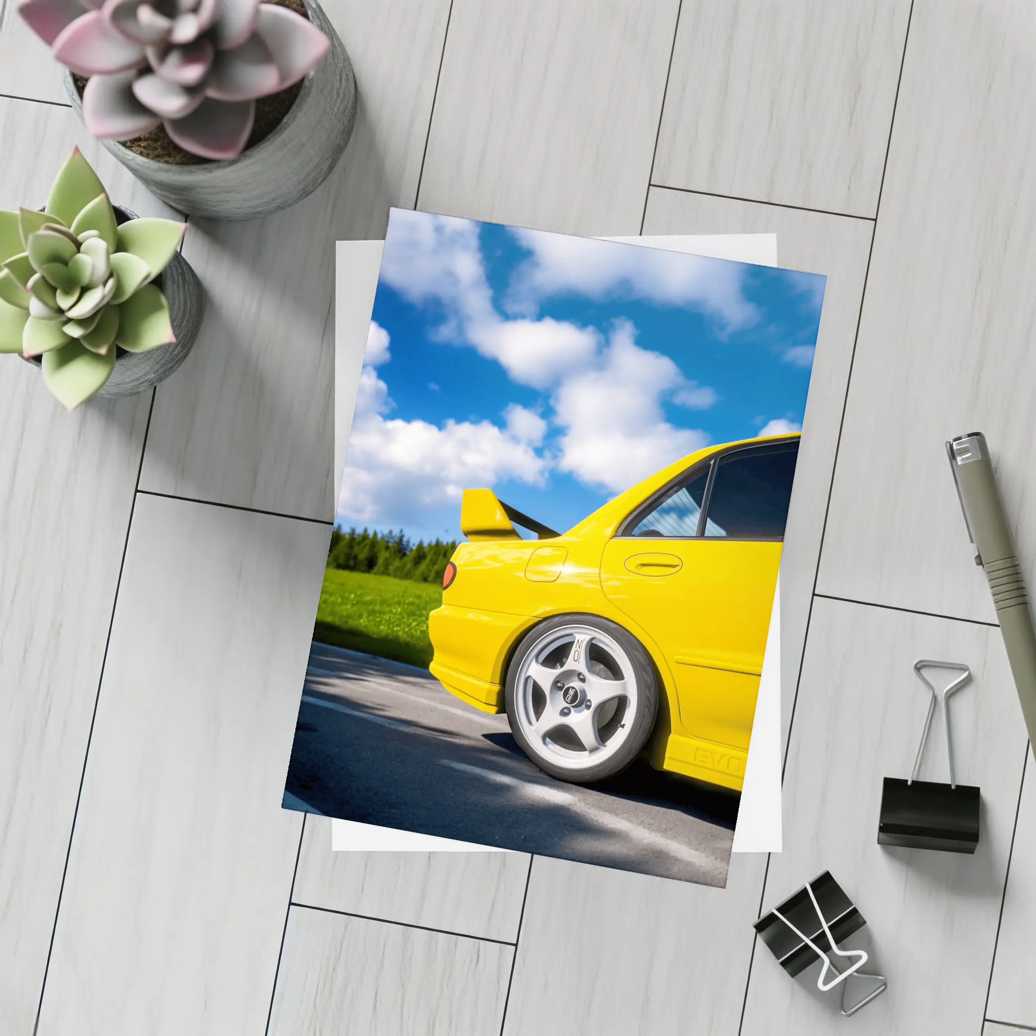 Mitsubishi Lancer Evo Yellow Summer Road – Postcards