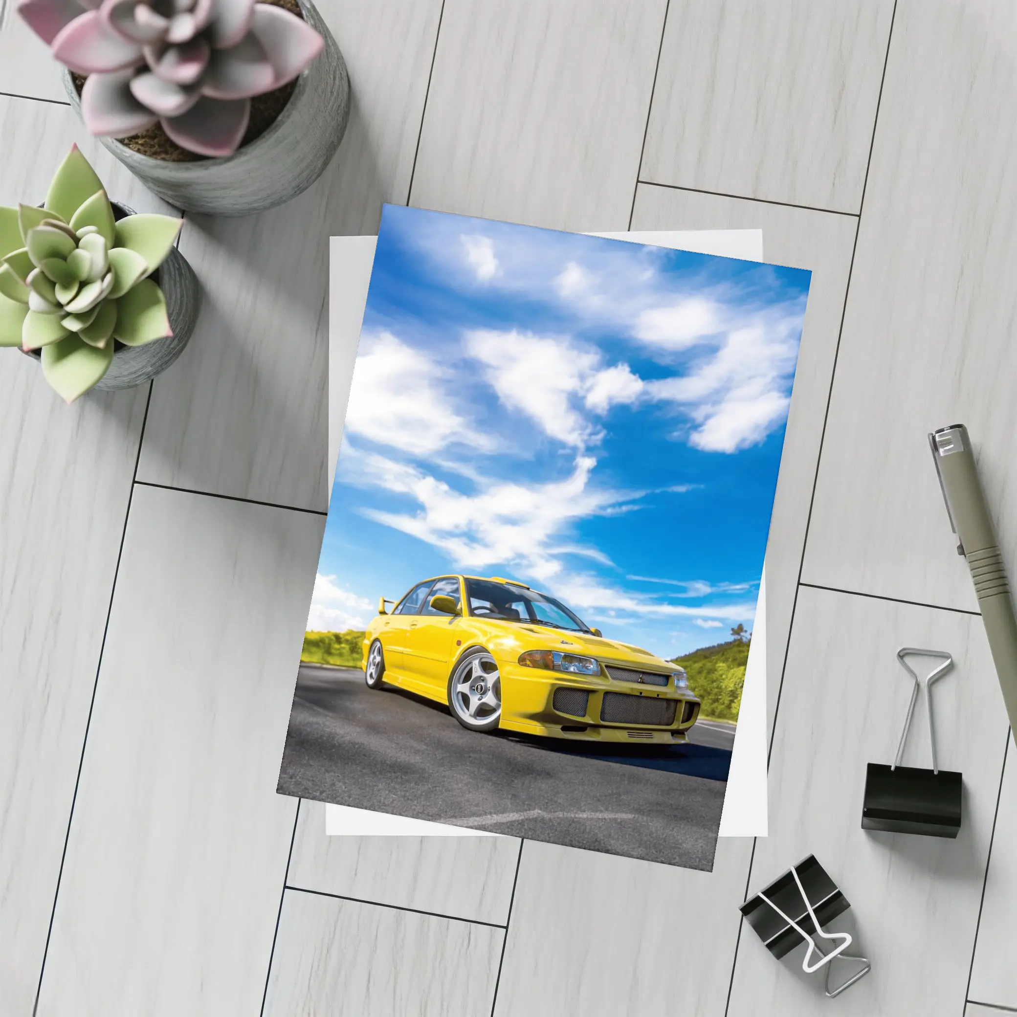 Mitsubishi Lancer Evolution Yellow Open Road – Postcards