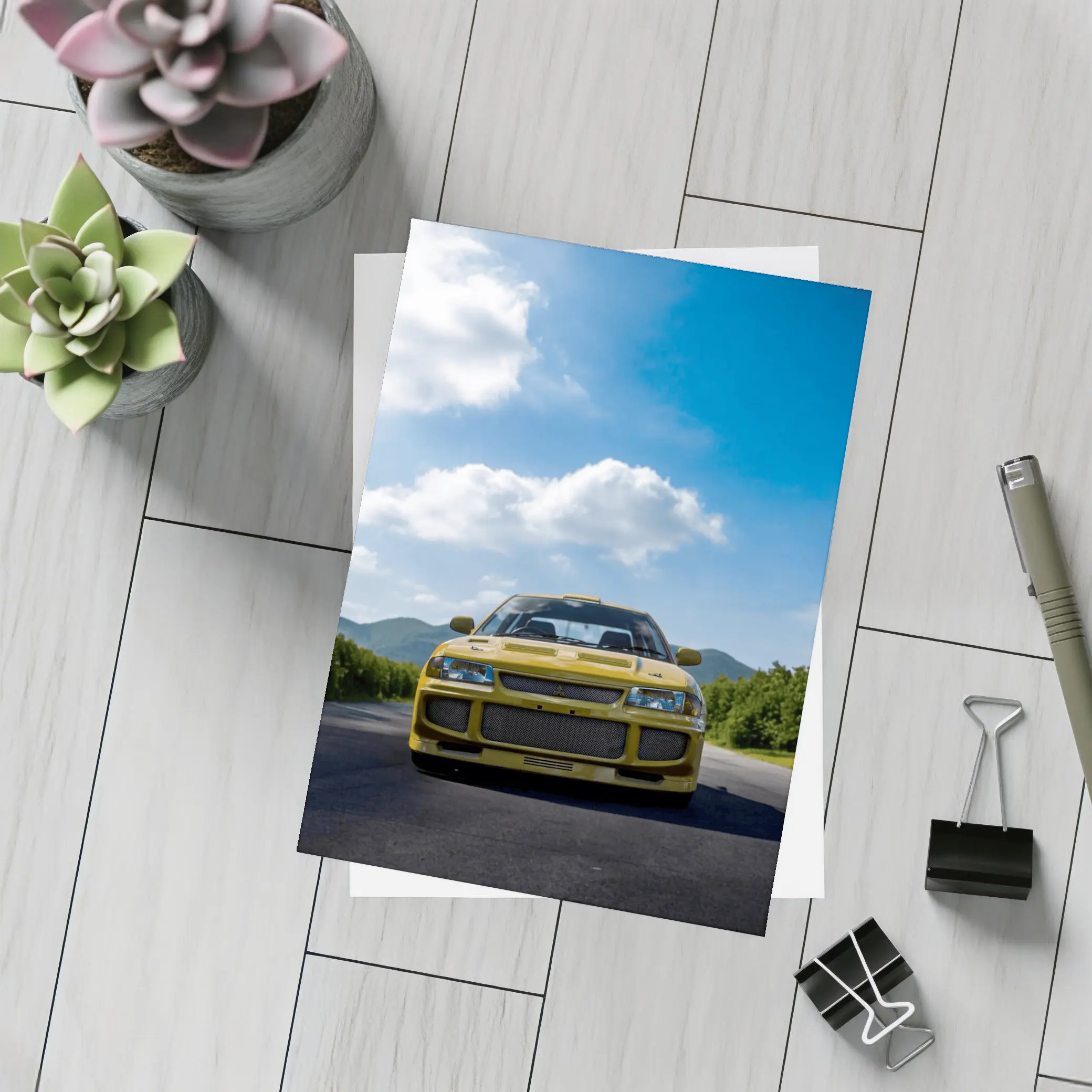 Yellow Mitsubishi Lancer Evo Open Road – Postcards