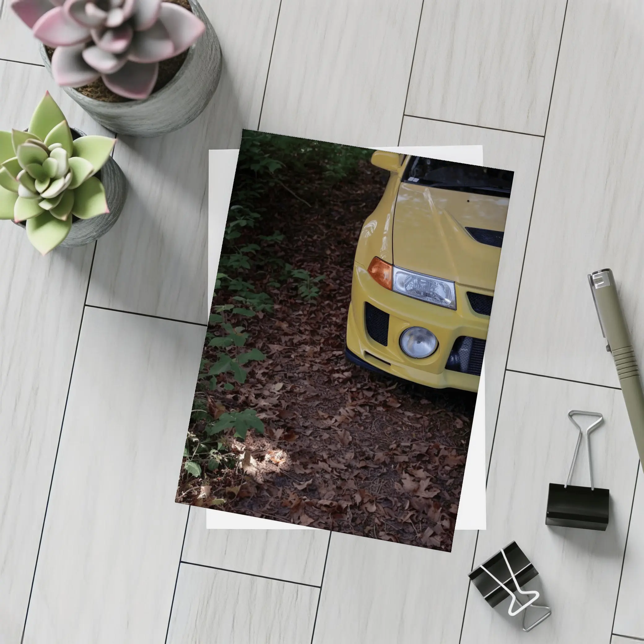 Yellow Mitsubishi Lancer Evolution Forest Trail – Postcards