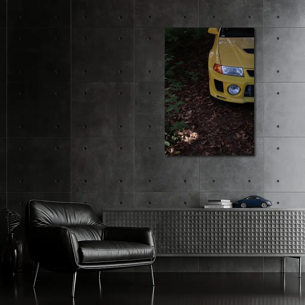 Yellow Mitsubishi Lancer Evolution Forest Trail – Wall Art
