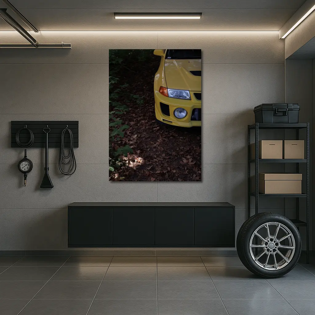 Yellow Mitsubishi Lancer Evolution Forest Trail – Wall Art