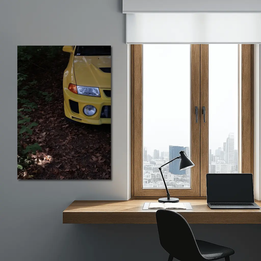 Yellow Mitsubishi Lancer Evolution Forest Trail – Wall Art