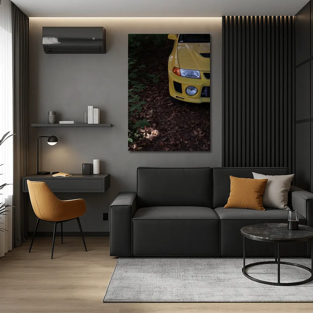 Yellow Mitsubishi Lancer Evolution Forest Trail – Wall Art