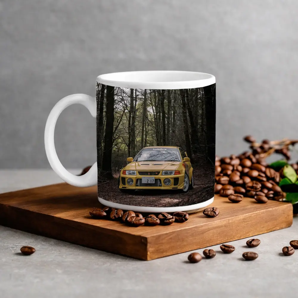 Mitsubishi Lancer Evolution Yellow Forest Road – Mugs