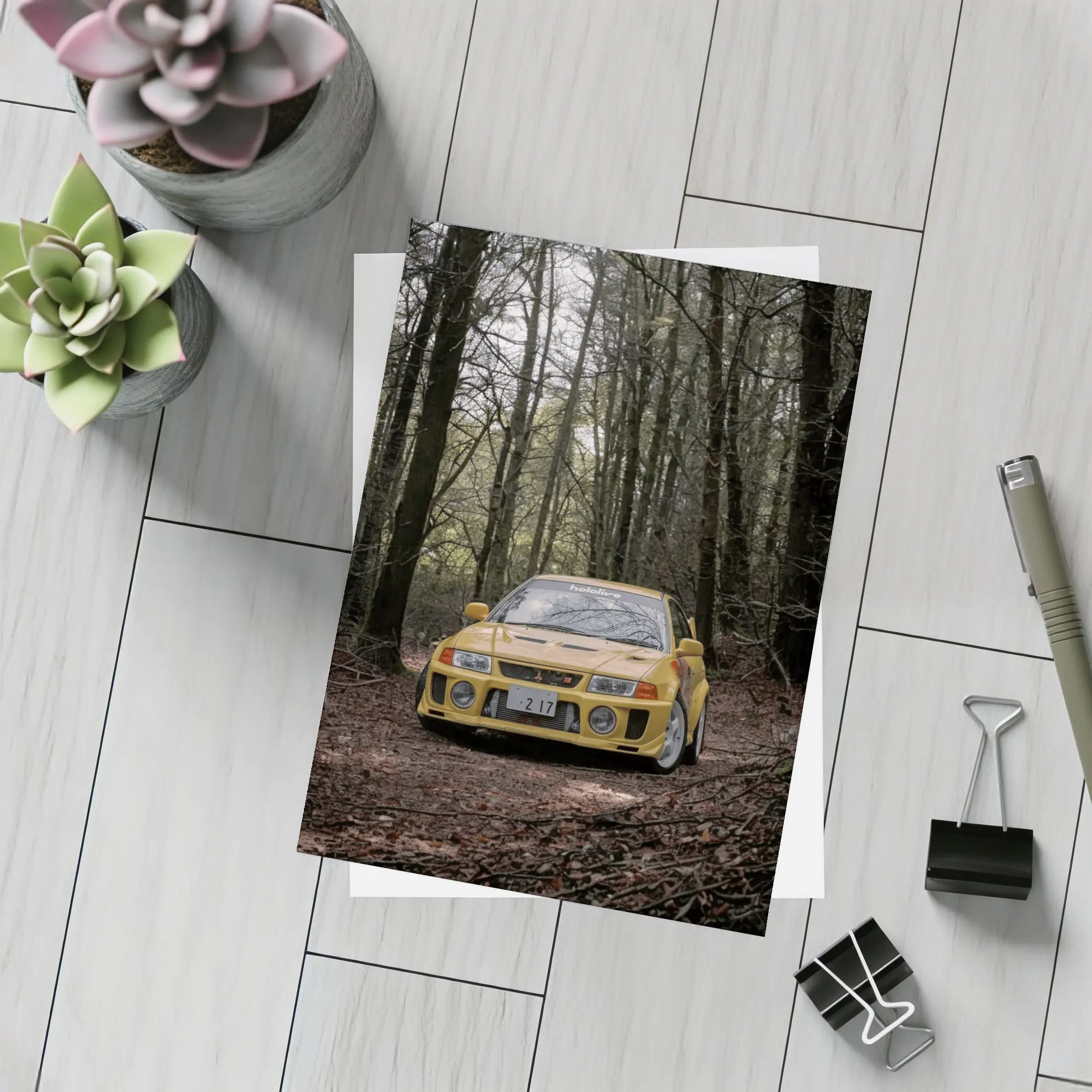 Mitsubishi Lancer Evolution Yellow Forest Road – Postcards