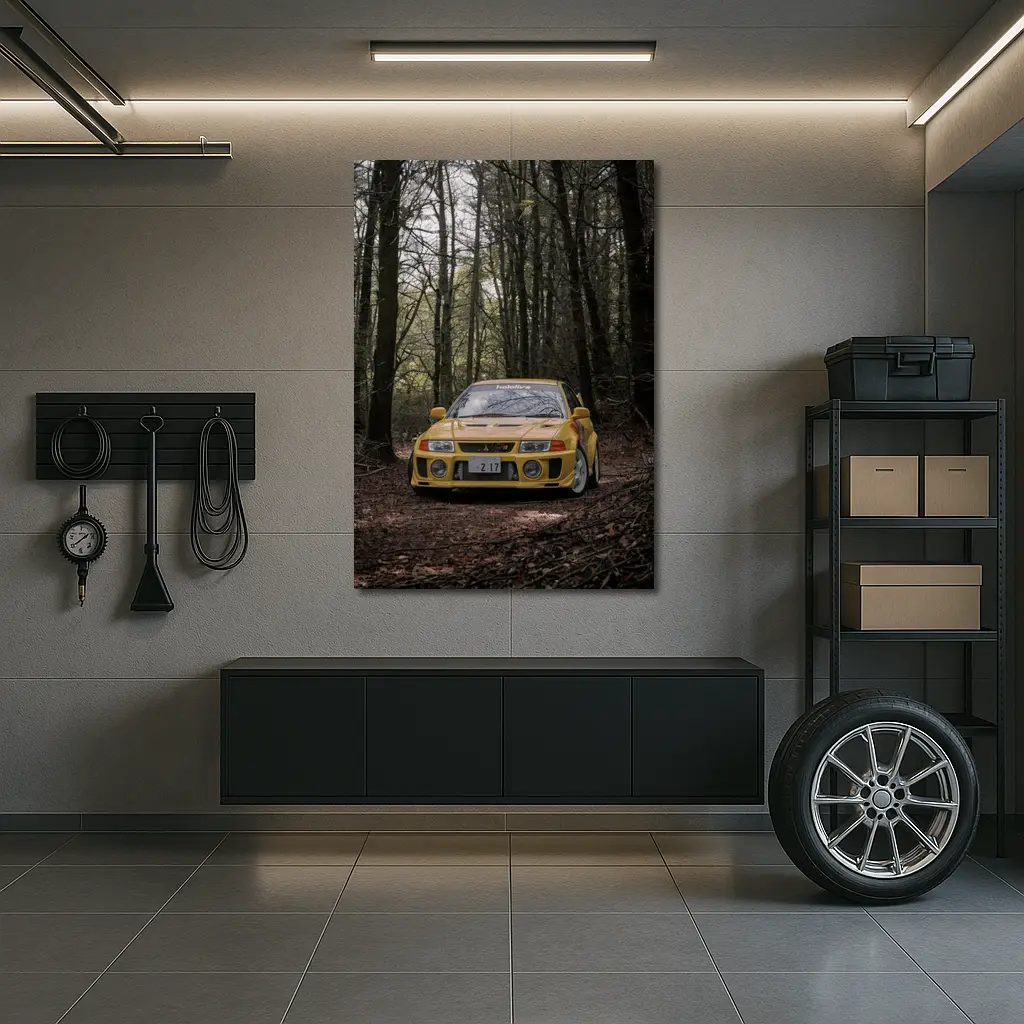 Mitsubishi Lancer Evolution Yellow Forest Road – Wall Art