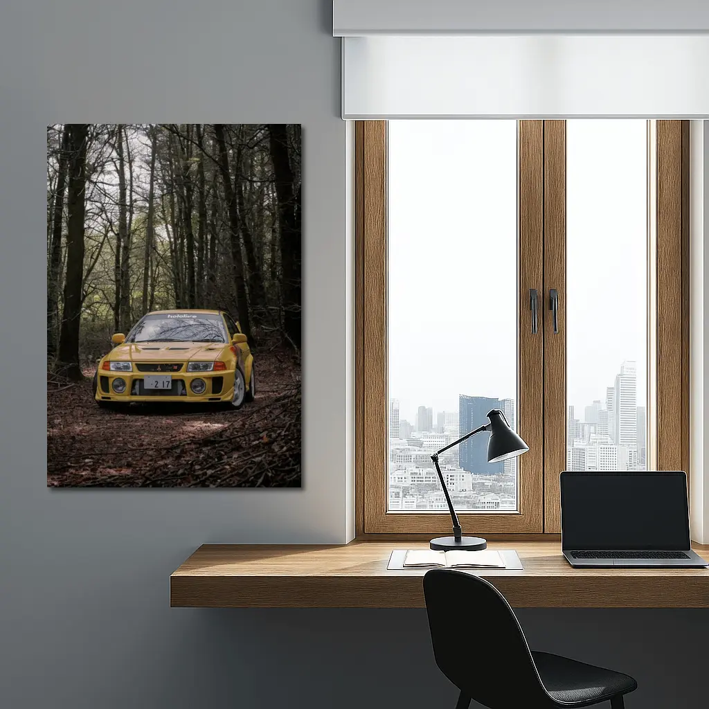 Mitsubishi Lancer Evolution Yellow Forest Road – Wall Art