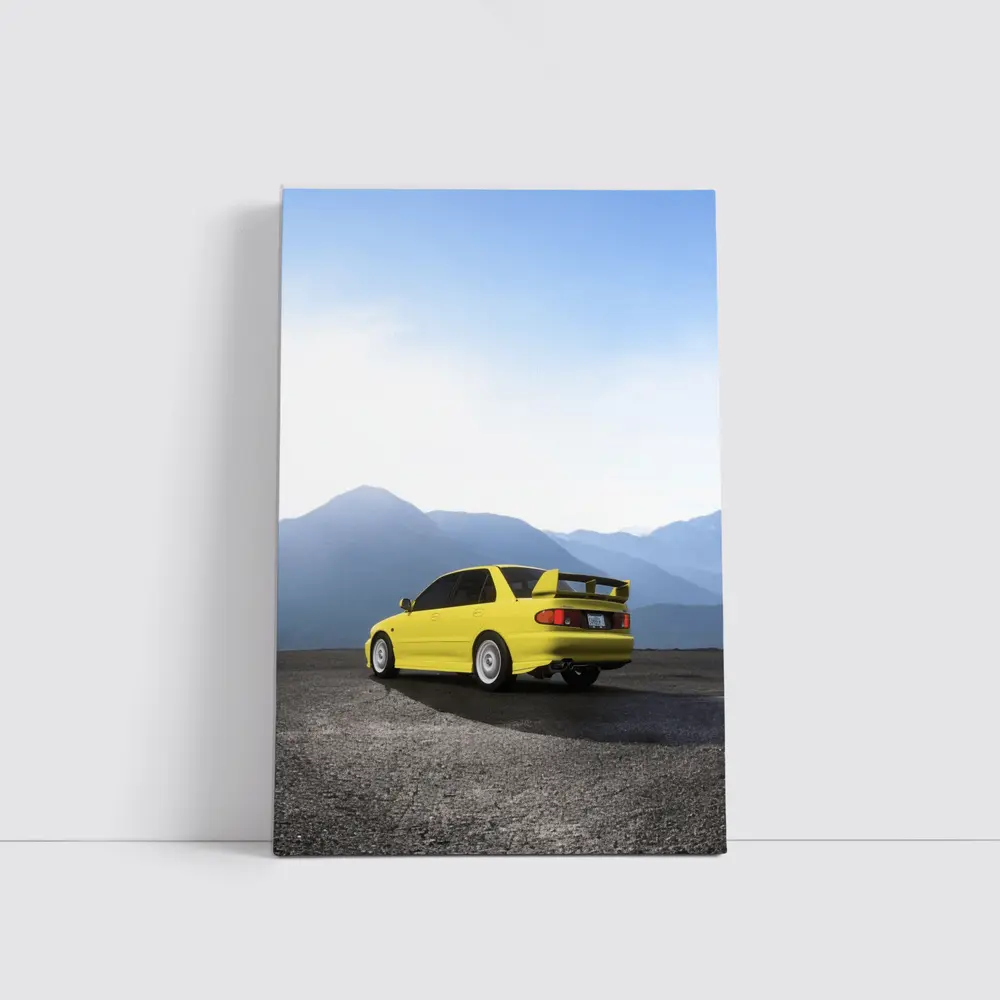 Mitsubishi Lancer Yellow Car Mountain Background – Wall Art