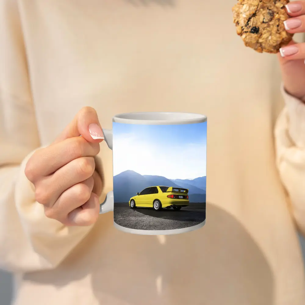 Mitsubishi Lancer Yellow Car Mountain Background – Mugs