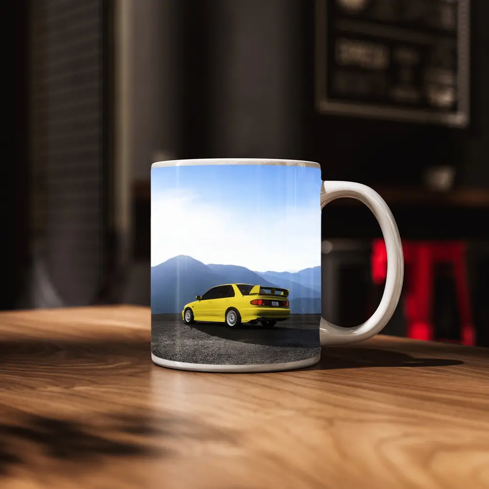 Mitsubishi Lancer Yellow Car Mountain Background – Mugs