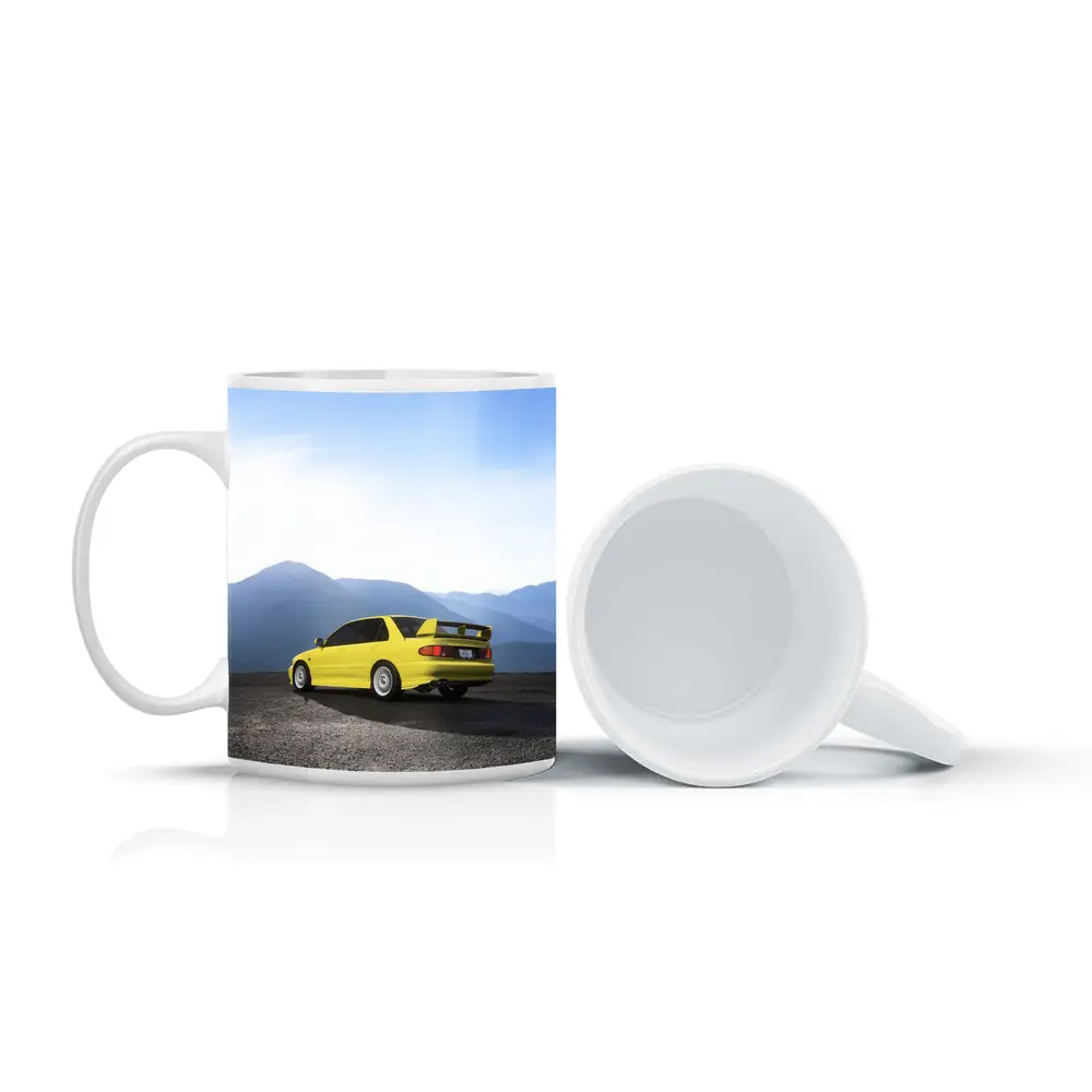 Mitsubishi Lancer Yellow Car Mountain Background – Mugs
