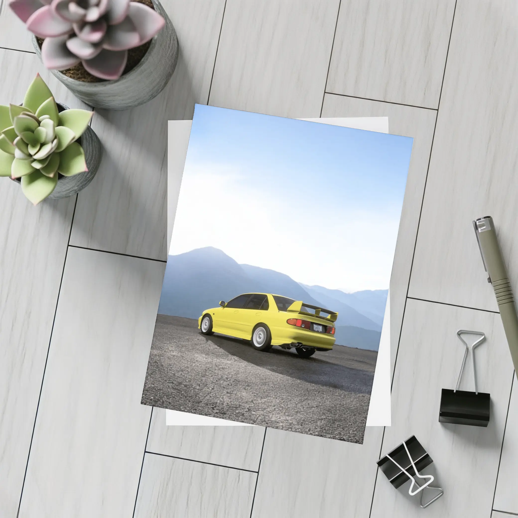 Mitsubishi Lancer Yellow Car Mountain Background – Postcards