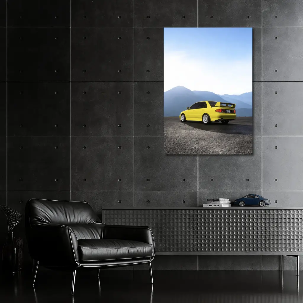 Mitsubishi Lancer Yellow Car Mountain Background – Wall Art