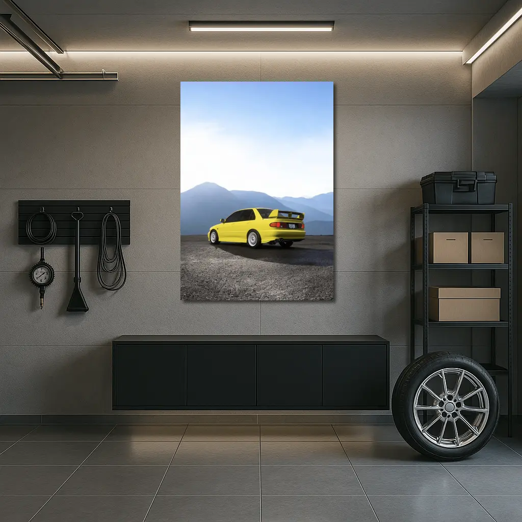 Mitsubishi Lancer Yellow Car Mountain Background – Wall Art
