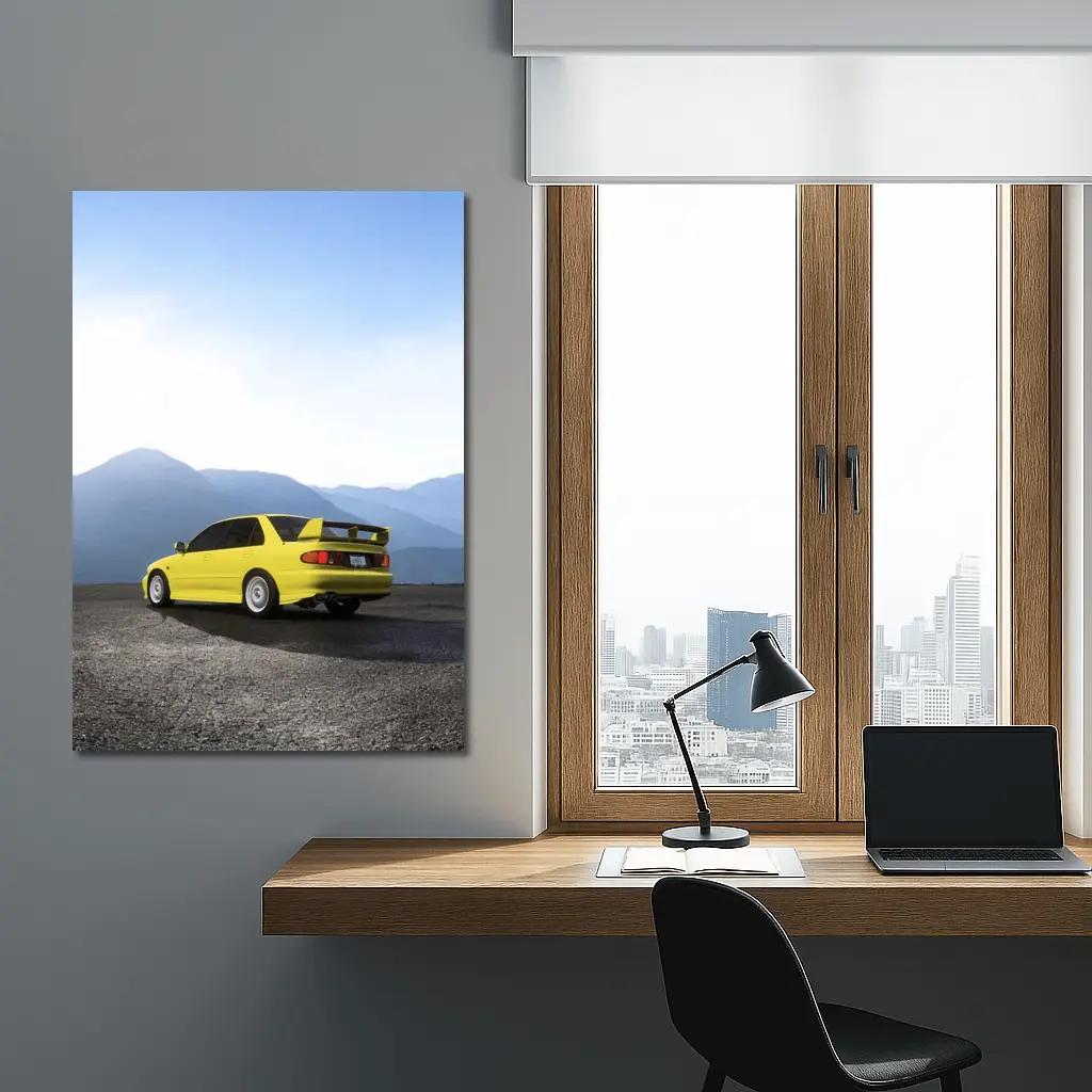 Mitsubishi Lancer Yellow Car Mountain Background – Wall Art