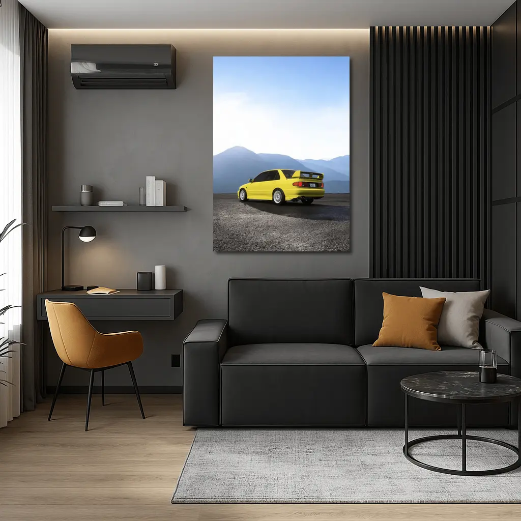 Mitsubishi Lancer Yellow Car Mountain Background – Wall Art