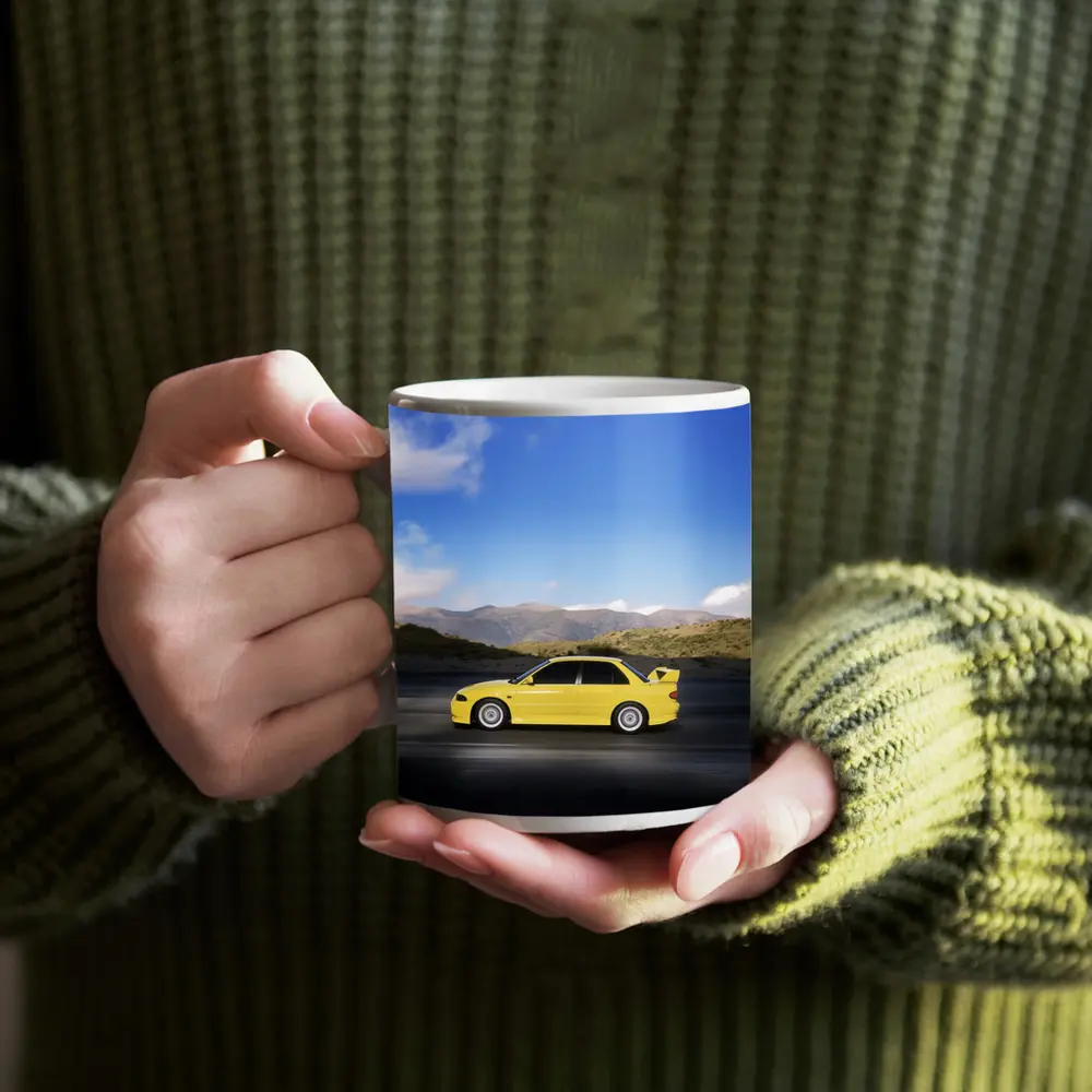 Mitsubishi Lancer Yellow Car Mountain Road – Mugs