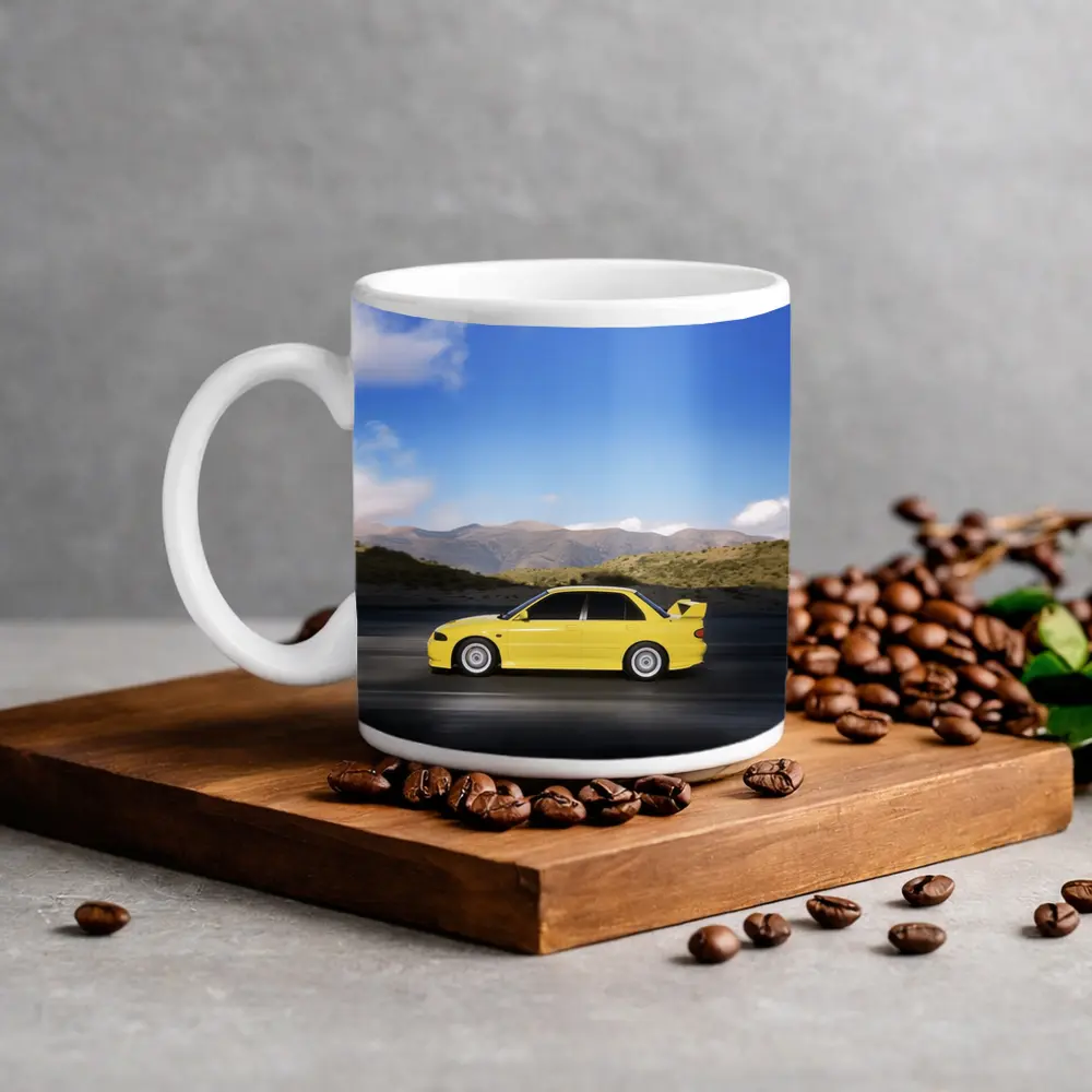 Mitsubishi Lancer Yellow Car Mountain Road – Mugs