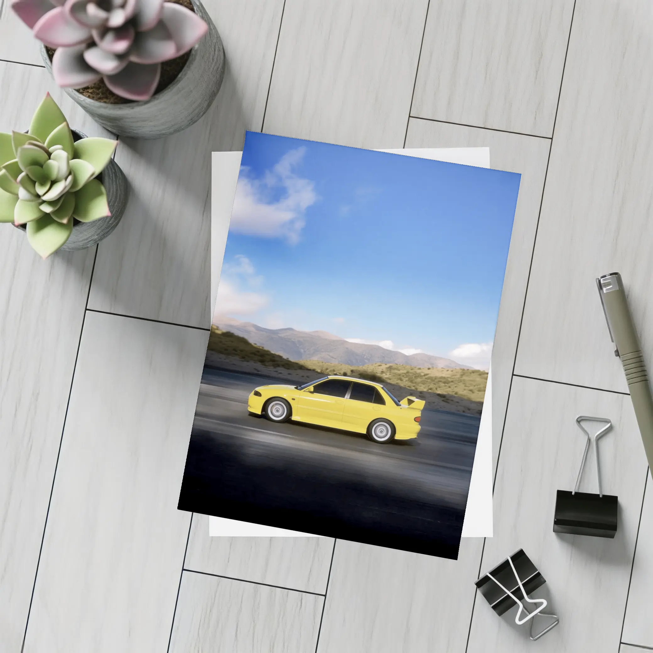 Mitsubishi Lancer Yellow Car Mountain Road – Postcards