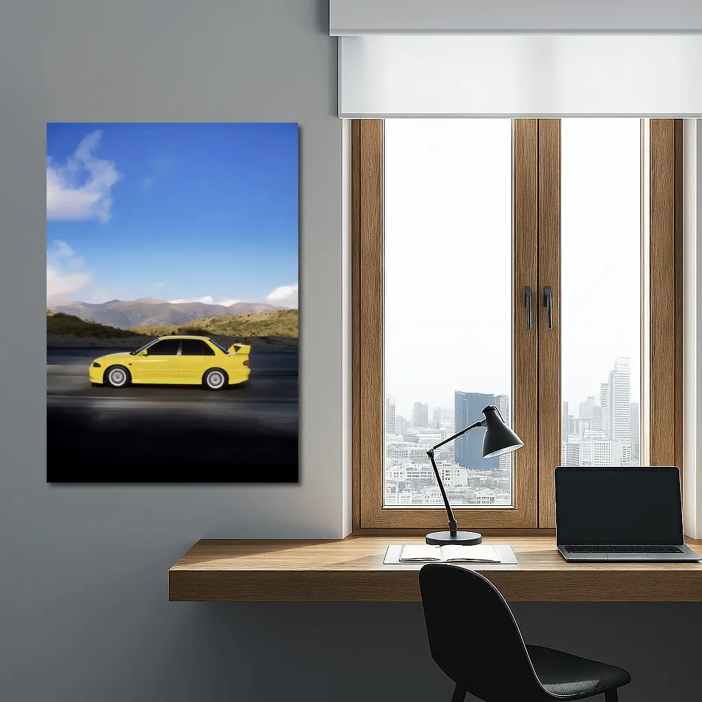Mitsubishi Lancer Yellow Car Mountain Road – Wall Art