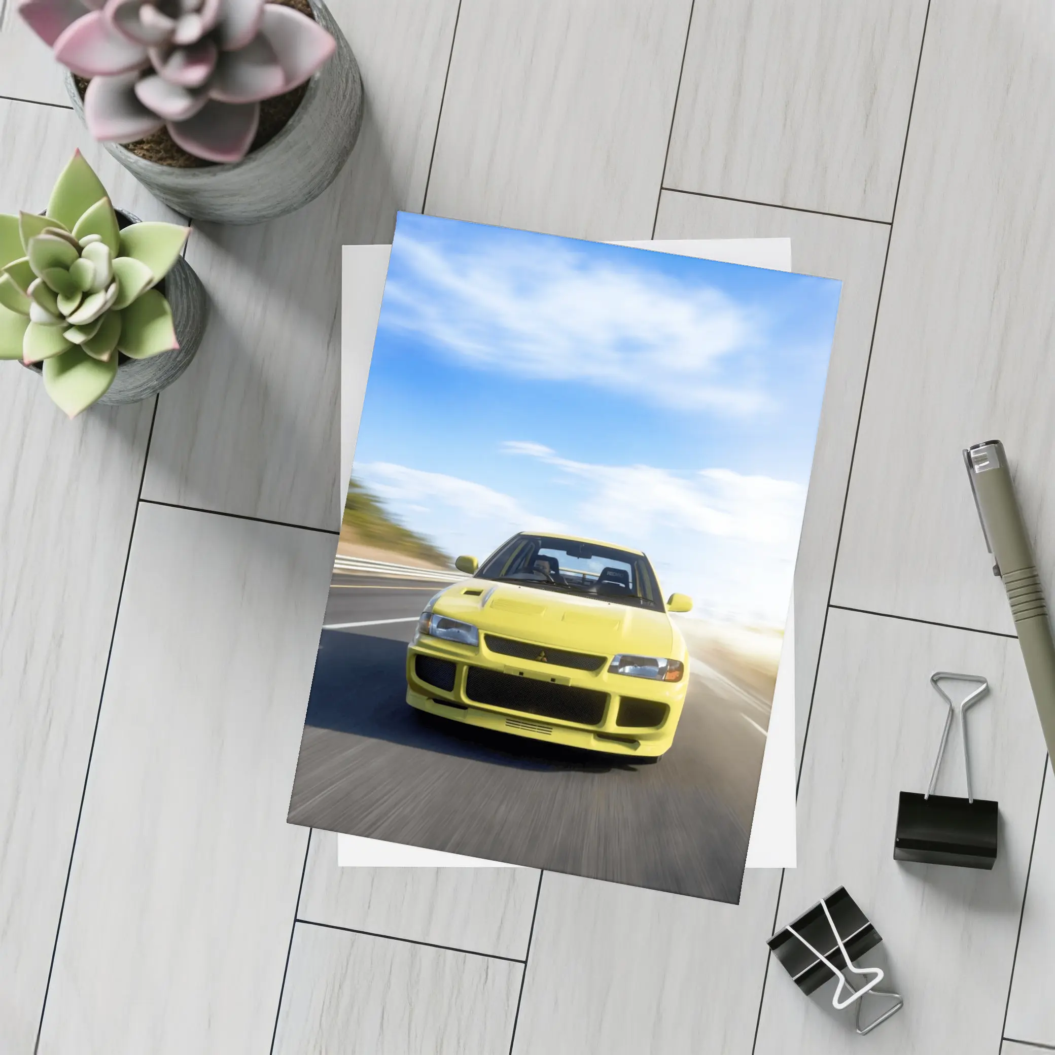 Mitsubishi Lancer Evolution Yellow Open Road – Postcards