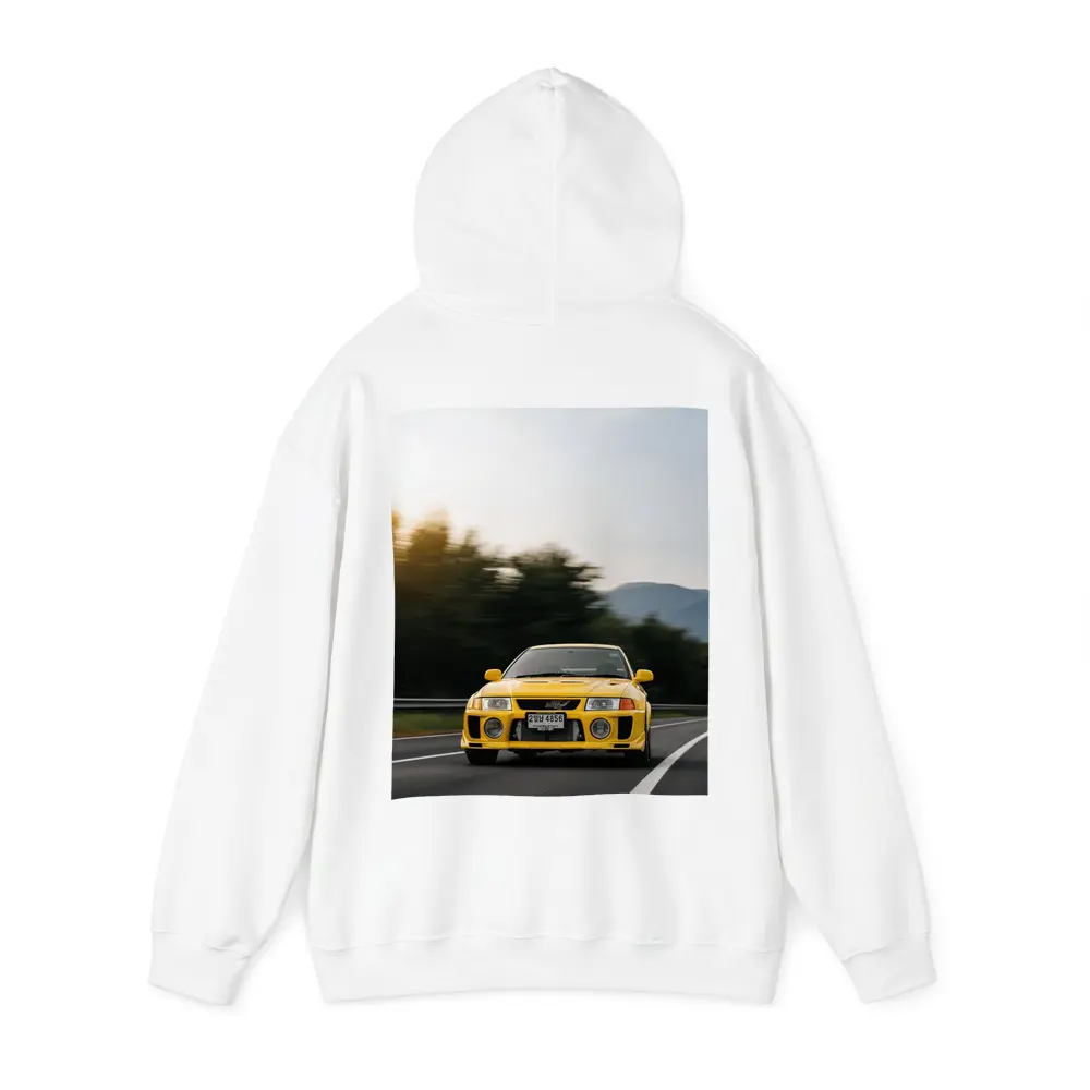 Yellow Mitsubishi Lancer Evolution On Mountain Road – Hoodies