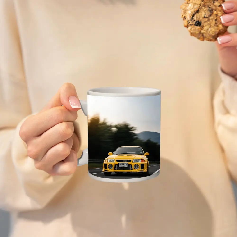 Yellow Mitsubishi Lancer Evolution On Mountain Road – Mugs