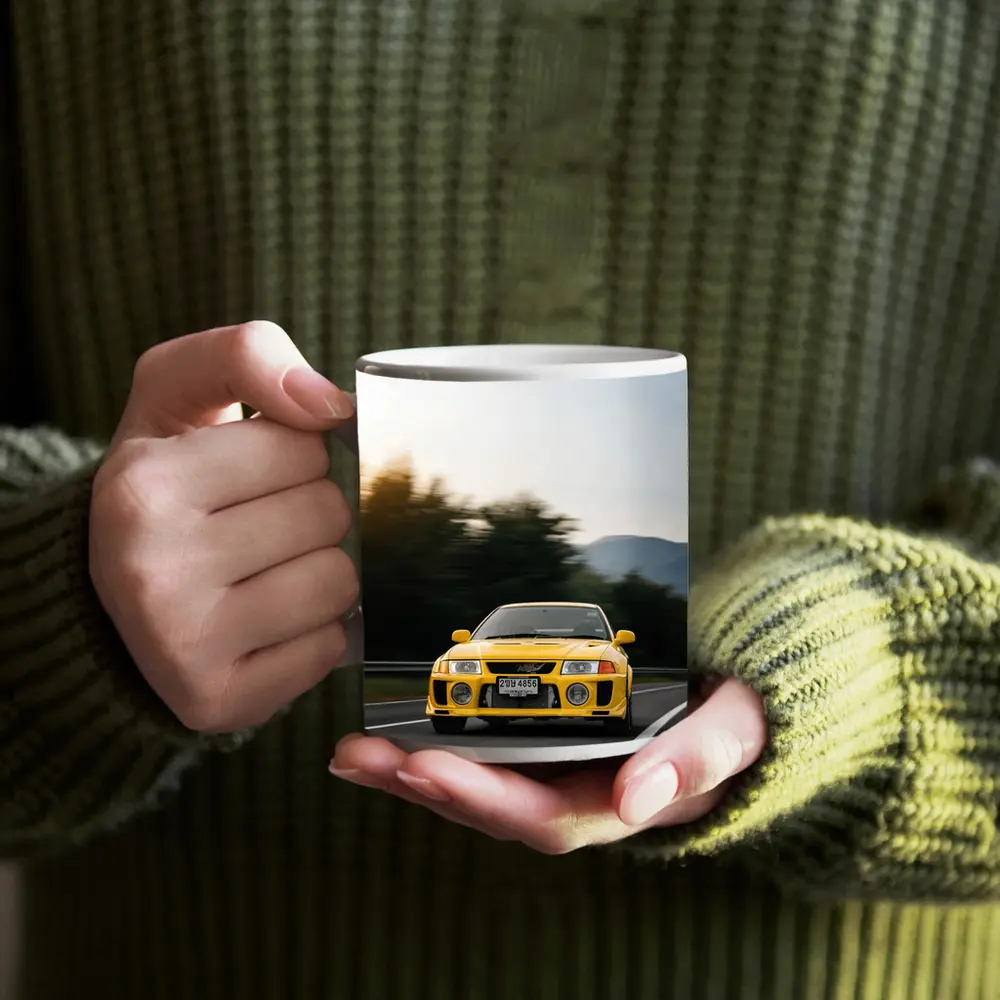 Yellow Mitsubishi Lancer Evolution On Mountain Road – Mugs