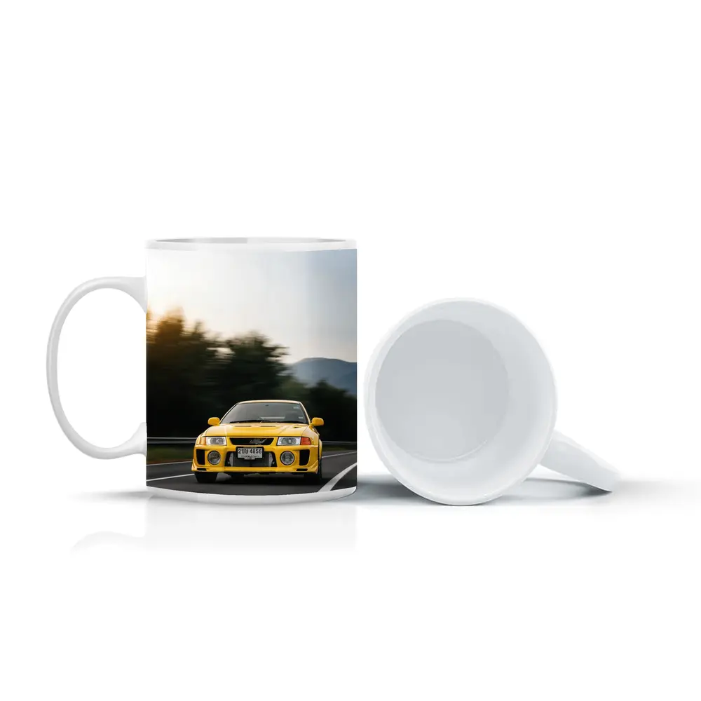 Yellow Mitsubishi Lancer Evolution On Mountain Road – Mugs