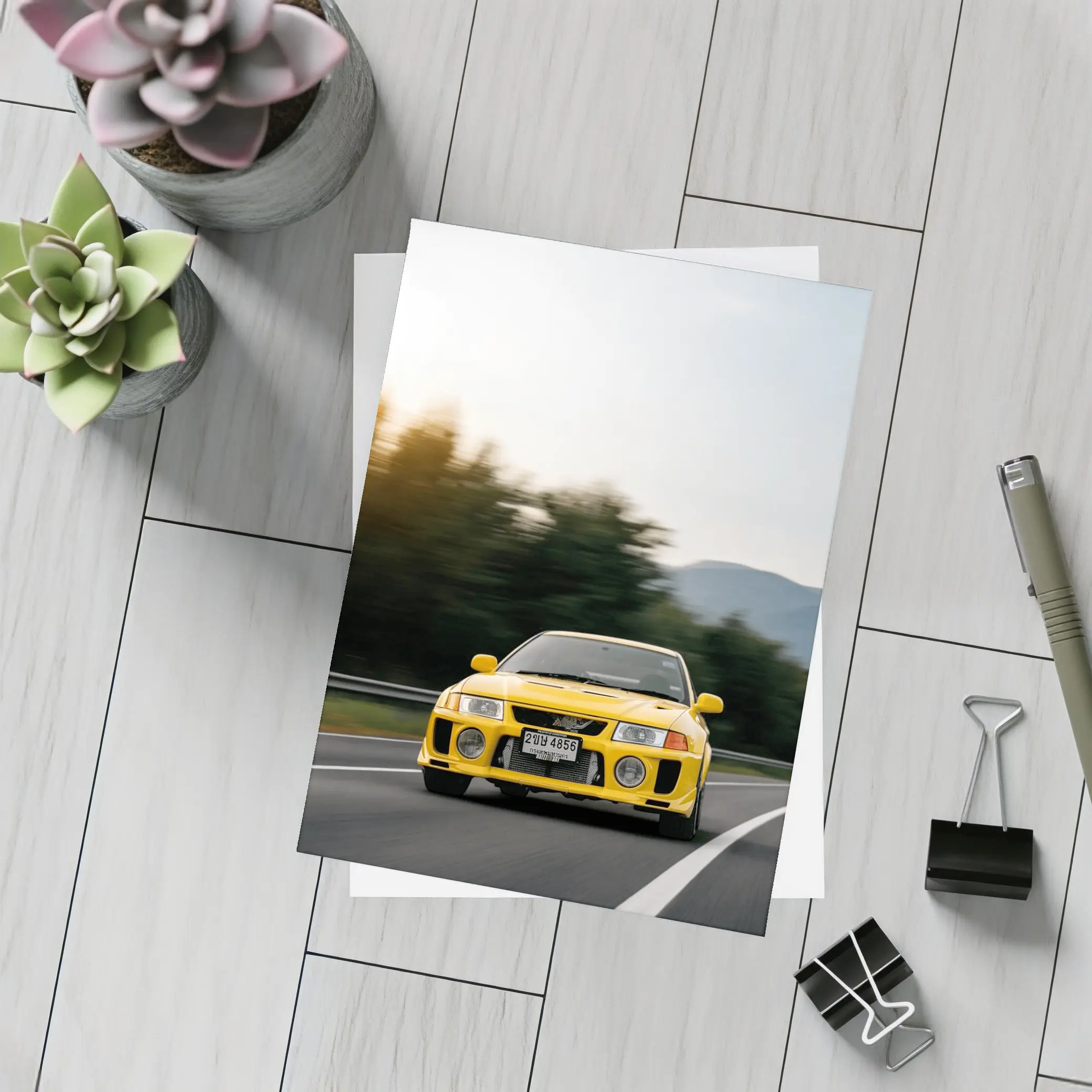 Yellow Mitsubishi Lancer Evolution On Mountain Road – Postcards