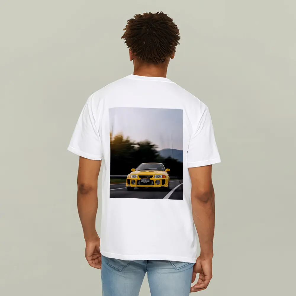 Yellow Mitsubishi Lancer Evolution On Mountain Road – T-Shirts