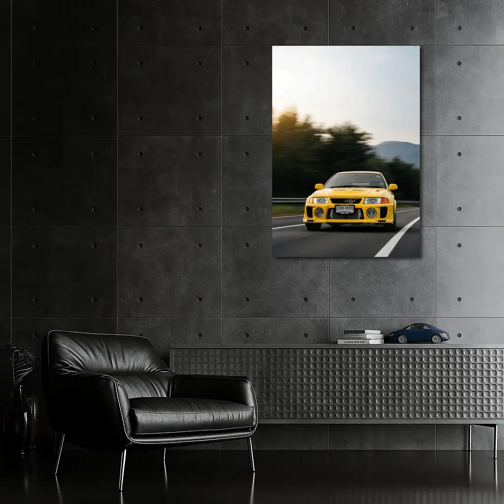 Yellow Mitsubishi Lancer Evolution On Mountain Road – Wall Art