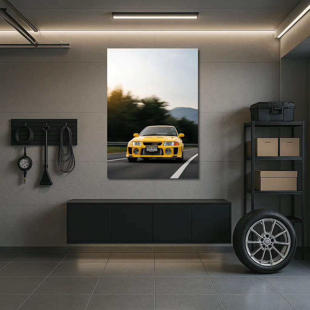 Yellow Mitsubishi Lancer Evolution On Mountain Road – Wall Art