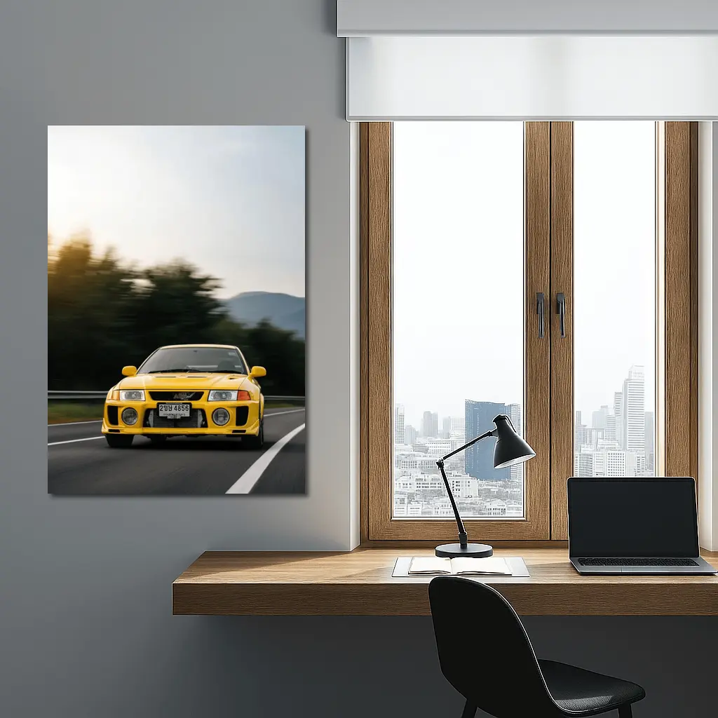 Yellow Mitsubishi Lancer Evolution On Mountain Road – Wall Art